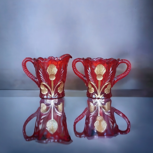 Vintage Mosser Red & Gold Inverted Thistle Pitcher, Tumblers, Cream & Sugar Set - Picture 4 of 7